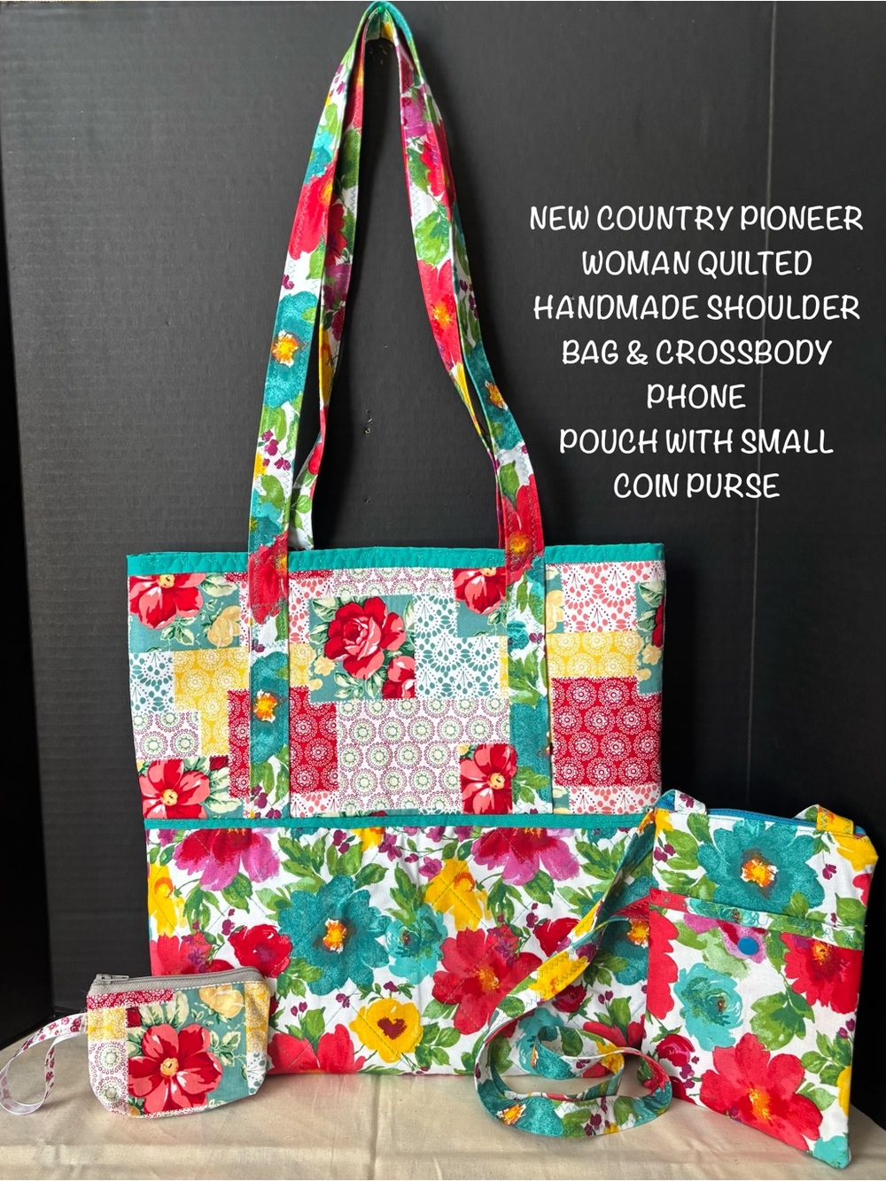 COUNTRY PIONEER WOMAN QUILTED TOTE BAG W/CROSSBODY PHONE POUCH & COIN PURSE SET